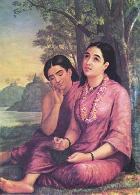 Raja Ravi Varma Shakuntala writes to Dushyanta.